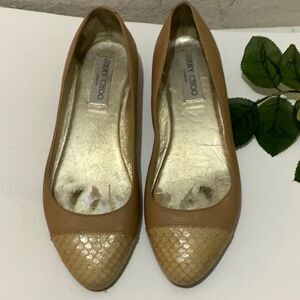 JIMMY CHOO Nude Leather & Python Cap Toe Ballet Flats Neutral Size EU 37.5, US 7